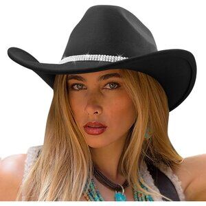 Women's Black Western Rhinestone Band Classic Brim Fedora Felt Cowboy Hat